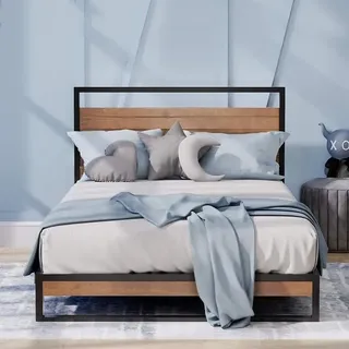 Suzanne 18 cm Bettrahmen aus Metall und Holz | Massivholz & Stahlkonstruktion | Holzlattenunterstützung | Für Erwachsene, Kinder, Jugendliche | Einfache Montage | 90 x 200 cm | Kastanienbraun - Schwarz