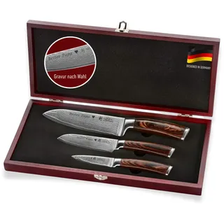 Wakoli EDIB 3-teiliges Damast Küchenmesser Set mit Gravur in Holzbox | Personalisiertes Damastmesser Set gefertigt aus 67 Lagen Damast mit VG10 Kern, in Geschenkbox, edles Geschenk