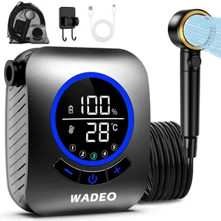 WADEO Tragbare Dusche mit Pumpe, 8000mAh wiederaufladbare Campingdusche mit LED-Anzeige, Schnellkupplungsschlauch, 4 Sprühmodi, IPX8 wasserdichte Outdoor-Camp-Pumpe für Wandern Camping Reisen Auto