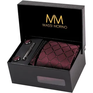 Massi Morino Krawatte "Massi Morino Krawatten-Set" mit Einstecktuch, Manschettenknöpfen und Krawattenklammer, weinrot quadrat