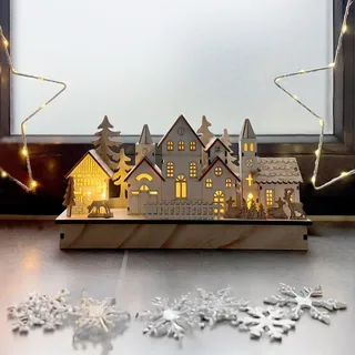 LED Winterszene Dorf - ca. 30 x 14 cm - beleuchtete Holz Deko zu Weihnachten