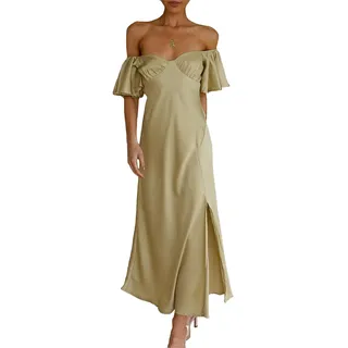 Damen Satin Off Shoulder Formal Kleider Hochzeit Gast Elegant Schmetterling Ärmel Split Cocktail Party Midi Kleid, Oliv/Blatt für Mich (Leaf It to Me), Klein