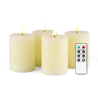 Fanna 4 Creme LED Flammenlose Echtwachs kerzen Rustikale Design, Batteriekerzen mit Timer für Weihnachten Dekorationen und Advent, Fernbedienung und Batterien enthalten - H 10cm