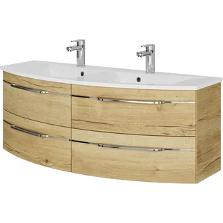Saphir Waschtisch SAPHIR "Serie 7045 Mineralmarmor-Waschtisch und Unterschrank, 131 cm breit", braun (halifax eiche quer nachbildung), B:131cm H:50,2cm T:51,8cm, Waschtische, Waschtisch, Doppel-Waschplatz mit 4 Schubladen, Badmöbel Set mit Waschtisch