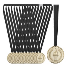 Relaxdays Goldmedaille Kinder, 12er Set, Ø 5 cm, Plastik, mit Band, Medaillenset Kindergeburtstag, Auszeichnung, Gold