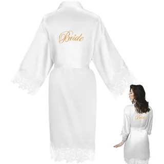 Jadive Bride Morgenmantel Braut Hochzeit Robe mit Spitzen Stickerei Satin Weiße Robe für Damen Kimono, Übergröße (XXL)