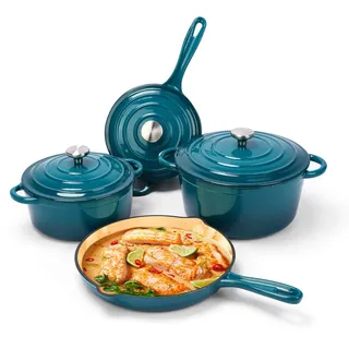 Denmay Emaille Gusseisen Kochgeschirr Set - 7-teiliges inkl. Dutch Oven, Bratpfanne, Schmortopf, Soßentopf, 3 Deckel, Backen Holländisches Ofen-Set für alle Herdarten geeignet mit Organizer, Zyan