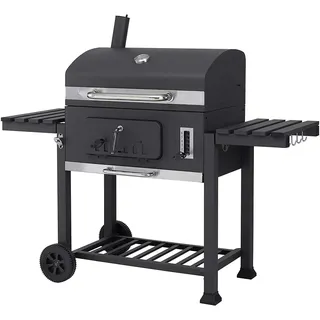 Holzkohlegrill - BBQ Offset-Smoker - Edelstahl - Mit Abdeckung - Seiten- & Bodenablage - Verstellbare Lüftung - Trolley mit Rädern - Flaschenöffner