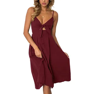 ECOWISH Damen V Ausschnitt A-Linie Kleid Träger Rückenfreies Kleider Sommerkleider Strandkleider Knielang Weinrot S