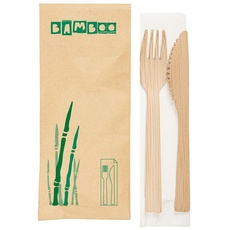 50 Stück – Set Gabel, Messer + Serviette, 17 cm, natürlicher Bambus