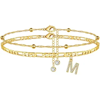 TINGN Fussketten für frauen, Gold Fußkettchen für Damen Fußkette mit CZ Buchstaben M Doppelte fußkettchen Verstellbar Sommer Stand Süß Geschenk für Frauen Mädchen Tochter
