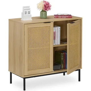 Relaxdays Sideboard, 2 Rattan-Türen, Metallbeine, HxBxT: 76x80x35 cm, Wohnzimmer, Flur, 2 Fächer, Kommode, natur/schwarz
