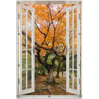 Wallario Outdoor-Poster für Garten oder Balkon 100 x 150 cm: Gelber Ahornbaum im Herbst in Japan - Schwarz