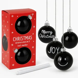 MIJOMA 6er Set Weihnachtskugeln Schwarz Ø 6 cm inkl. 3 weißen Markern – Personalisierbarer Christbaumschmuck aus Kunststoff zum Beschriften – DIY-Deko für Weihnachten