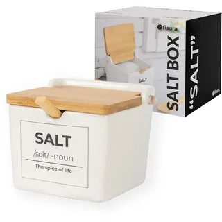 Fisura – Origineller Salzbehälter mit Aufschrift "salt“. Extra großer, quadratischer Salzstreuer aus Keramik mit Holzdeckel und Löffel. Auch als Zuckerdose oder Gewürzbehälter. 10 x 10 x 9 cm.