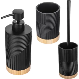Badezimmer-Set - 3-teiliges Set - WC-Bürste mit Halter - Seifenspender - Zahnputzbecher - Schwarz mit Holzdetails