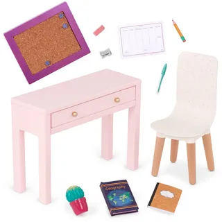 Our Generation Working Wonder Büro-Set, Schreibtisch-&-Stuhl-Set | Puppenmöbel fürs Homeoffice mit Schreibtisch, Stuhl, Kork-Pinnwand und Zubehör für 46 cm Puppen, 3+ Jahre