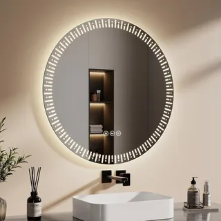 EMKE Badspiegel mit Beleuchtung LED Spiegel 80 cm mit beschlagfrei, Dimmbar 3 Lichtfarbe Rund Badezimmerspiegel Wandspiegel mit Touchschalter