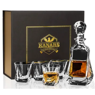 KANARS 5-Teiliges Whisky Gläsern und Karaffe Set, 650 ml Whisky Dekanter mit 4x 210 ml Gläser, Bleifrei Kristallgläser, Schöne Geschenk Box, Hochwertig