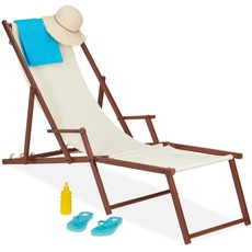 Relaxdays Liegestuhl Holz Stoff, 3 Liegepositionen, Gartenliege mit Armlehnen & Fußablage, 120 kg, Sonnenliege, beige