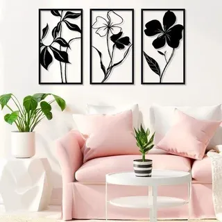 Unyqoos® Wanddekoration-Set: 3 minimalistische Blumen aus schwarzem Metall, ca. 43×25 cm – moderne Wanddeko für Wohnzimmer & Schlafzimmer, einfache Montage - Schwarz