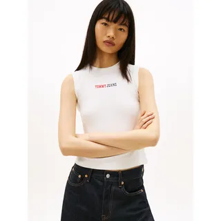 T-Shirt TOMMY JEANS "TJW SLIM ESS LOGO 2 RIB TANK", Damen, Gr. XS (34), ecru, Single Jersey, Obermaterial: 95% Baumwolle, 5% Elasthan, unifarben, slim fit hüftlang, Rundhals, Shirts T-Shirt, mit gerippter Struktur