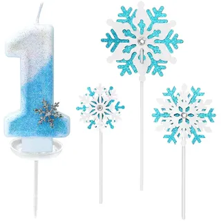 Glitzernde Zahlenkerze 1 mit Schneeflocken-Deko –Geburtstagskerze für Mädchen, Kerze 1 Geburtstag Kinder, Kerzen für Kuchen, Blau-weißer 3D-Glitzer & Tropfschutz
