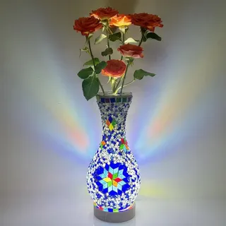 Maimeili Retro türkische Mosaik Vase Lampe türkische marokkanische Tischlampe bunte handgefertigte Glasvase mit Holzbasis für Blumen USB Lade Dekor Licht für Schlafzimmer Umgebung Wohnzimmer