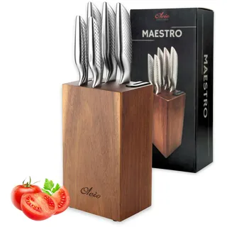 OLEIO Maestro Messerblock – 6 teilig – Edelstahl Küchenmesser Set mit Block & integriertem Messerschärfer – Scharfes Küchenhelfer Set für alle Schnitte – Messerblock mit Messer