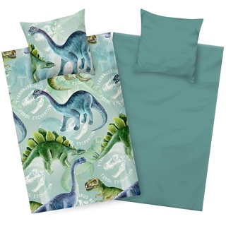 Aminata kids Bettwäsche Dinosaurier 135x200 Jungen Mikrofaser Kinder-Wende-Bettwäsche-Set YKK Reißverschluss - Bügelfrei - Dino-Motiv grün