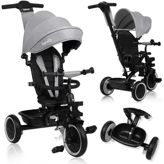 lionelo Multifunktionales Dreirad und Kinderwagen Lionelo Berry von 9 Monaten bis 5 Jahren bis zu 25 kg Große PolyurethanRäder, Dreirad-Drehsitz 360° Grau - Grau