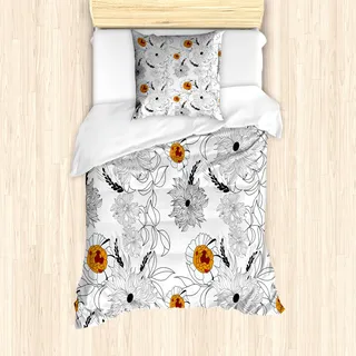 ABAKUHAUS Blumen Mantele, Blütenblätter Wachstum, Milbensicher Allergiker geeignet mit Kissenbezügen, 135 cm x 200 cm - 80 x 80 cm, Baby-Blau Orange - Orange