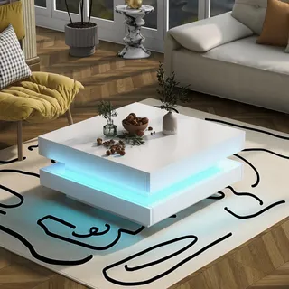 FurnitureR Quadratischer Couchtisch in Weiß - moderner technologischer Stil, mit Bluetooth-LED-Leiste, 70x70x36 cm, max. Belastung 45 kg