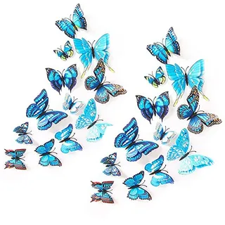 24 Stück Schmetterlings-Wandaufkleber, abnehmbare Kühlschrankmagnete, Wandaufkleber, 3D-Wandaufkleber für Kinder, Zuhause, Zimmer, Kunstdekorationen, Wand, Doppelflügel – blau