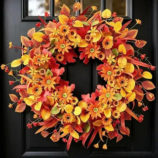 Türkranz Herbst 55m Kunstblumen Herbstkranz für Haustür Deko Herbstdeko | Künstlicher Herbst Kranz mit Gänseblümchen Eukalyptus Blumen Türkranz Ganzjährig für Kamin Wand Erntedankfest Halloween