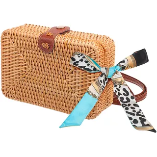 VALICLUD Rattan Tasche Handgewebte Kleine Korbtasche Damen Sommer Strandtasche Mit Seidenschal 7X5X3 Zoll Leichte Bast Handtasche Für Alltag Freizeit
