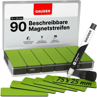 GAUDER Magnetetiketten beschreibbar (75 x 25 mm) | 90 Stück Magnetschilder zum Beschriften | Magnetkarten ideal für Kanban Board, Whiteboard & Tafel