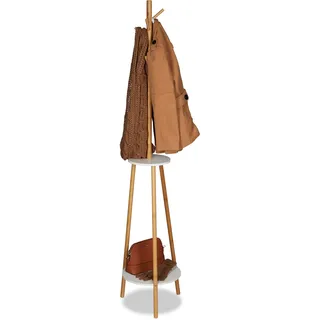 Relaxdays Garderobenständer, 8 Haken, 2 Ablagen, Jackenständer aus Bambus & MDF Holz, Garderobe HxD 181x37cm, natur/weiß