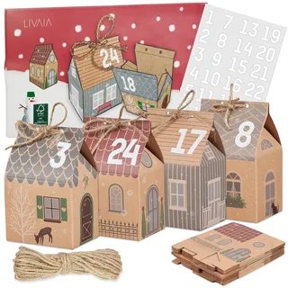 LIVAIA DIY Adventskalender zum Befüllen - 24 kleine Geschenkboxen mit Stickern - Bastelset für Weihnachten 2025 - Persönlicher Weihnachtskalender zum Selbstgestalten