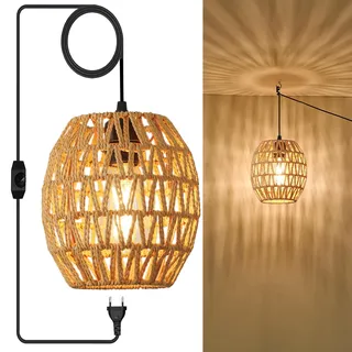 Vintage Hängelampe mit Stecker, Lampenschirm aus Hanfseil Hängelampe Outdoor, dimmbare Pendelleuchte mit E27 Fassung, Boho Deckenlampe mit 5,5m Kabel & Schalter für Schlafzimmer,Balkon,Terrasse