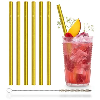 HALM Goldene Glasstrohhalme 6 Stück 20 cm in Gold für Party, Exklusiv Luxus + plastikfreie Reinigungsbürste - Spülmaschinenfest & Nachhaltig - Strohhalme aus Glas