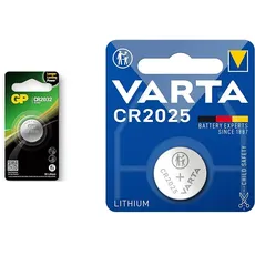 GP CR2032-7U1 Lithium Batterie CR2032 (3V) & VARTA Batterien Knopfzelle CR2025, 1 Stück, Lithium Coin, 3V, kindersichere Verpackung, für elektronische Kleingeräte - Autoschlüssel, Fernbedienungen
