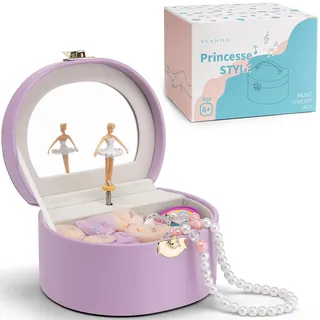 VLANDO Schmuckkästchen Mädchen mit Spieluhr, Schmuckkasten Kinder mit Drehendem Ballerina & Spiegel, Spielzeug Geschenk 4 5 Jahre Mädchen, Schmuckschatulle mädchen aus Leder mit DIY Aufkleber