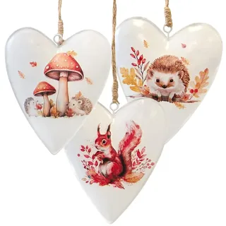 Deko-Herzen Herbst Waldtiere 3er Set aus Metall zum Aufhängen 11 x 9 cm – Eichhörnchen Igel Pilze – Herbstdeko – Logbuch-Verlag