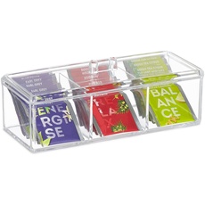Bild von Teebox, Teeaufbewahrungsbox mit 3 Fächern, HBT 9 x 23 x 9,5 cm, Kunststoff, Vorratsbox mit Deckel, transparent