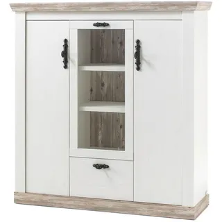 Furn.Design Highboard Pinie weiß, Oslo Pinie Landhaus, Kommode, 140 x 146 cm , Weiß, Pinienfarben , Holzwerkstoff , Nachbildung,Pinie , 5 Fächer , Sockel , 140x146x44 cm , FSC 100% , Kleinmöbel, Kommoden, Highboards