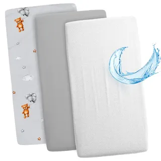 Spannbettlaken Kinderwagen Baby Spannbetttücher 3er Set: 55x90 cm - 2X Bettlaken + 1x wasserdichter Matratzenschoner - Babybett Zubehör für Kinderbett Beistellbett Stubenwagen 55 x 90