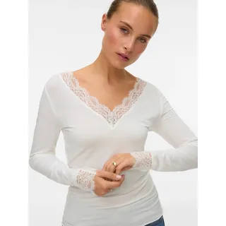 Langarmshirt VERO MODA "VMSKYE LS V-NECK LACE TOP JRS NOOS", Damen, Gr. XL, weiß (snow weiß), Jersey, Obermaterial: 86% Modal, 8% Wolle, 6% Elasthan, unifarben, hüftlang, V-Ausschnitt, Shirts Langarmshirt