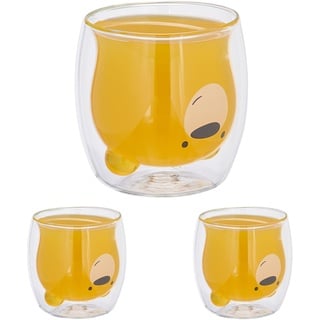 Relaxdays Doppelwandige Gläser Bär, 3er Set, je 300 ml, Isolierglas Teddy, Borosilikatglas, Thermogläser, transparent