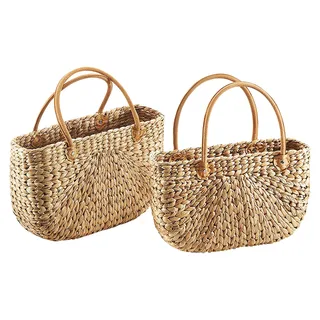 Kobolo Korbtasche Einkaufstasche Flechttasche aus Wasserhyazinthe - 2er Set - Schultertasche Umhängetasche Shoppingbag Bag Transport Korb Shopper Deko - Braun